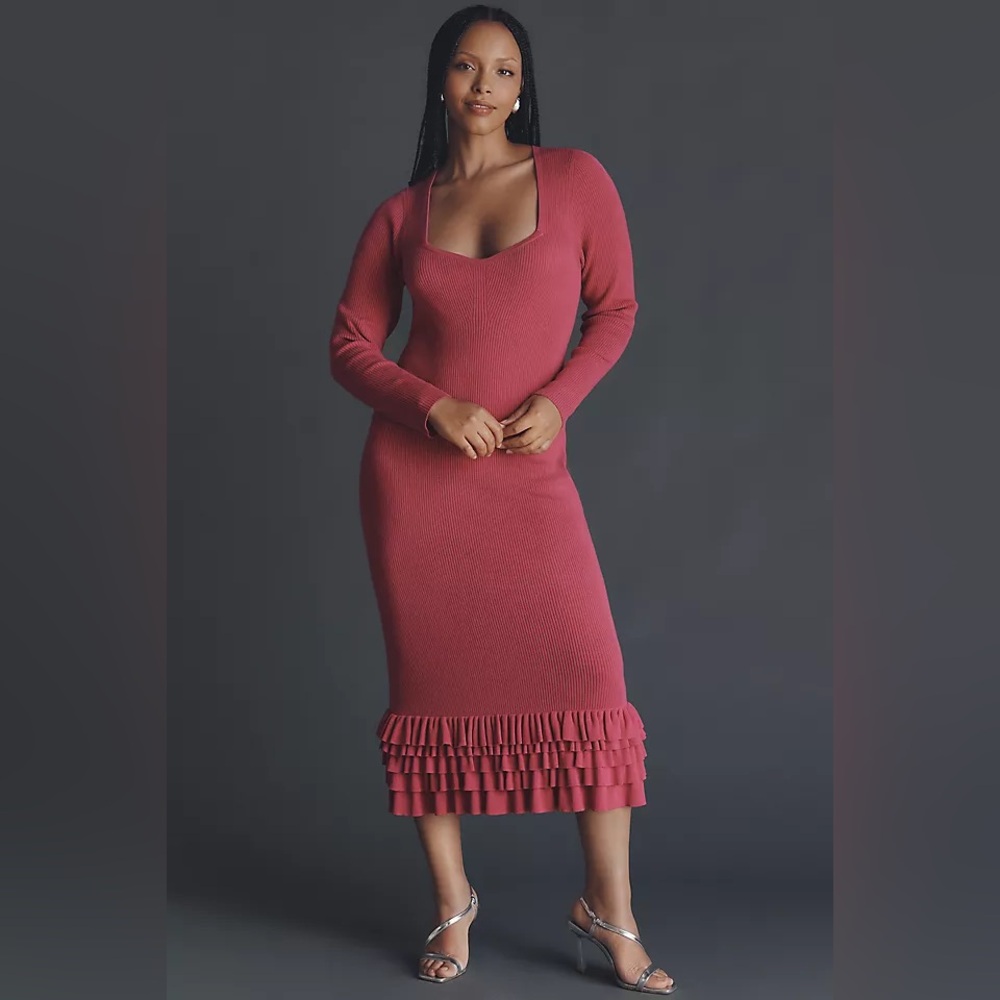 Brand New Anthropologie Women’s Pink Slim Ruffle Sweater Midi Dress, Size M, NWT